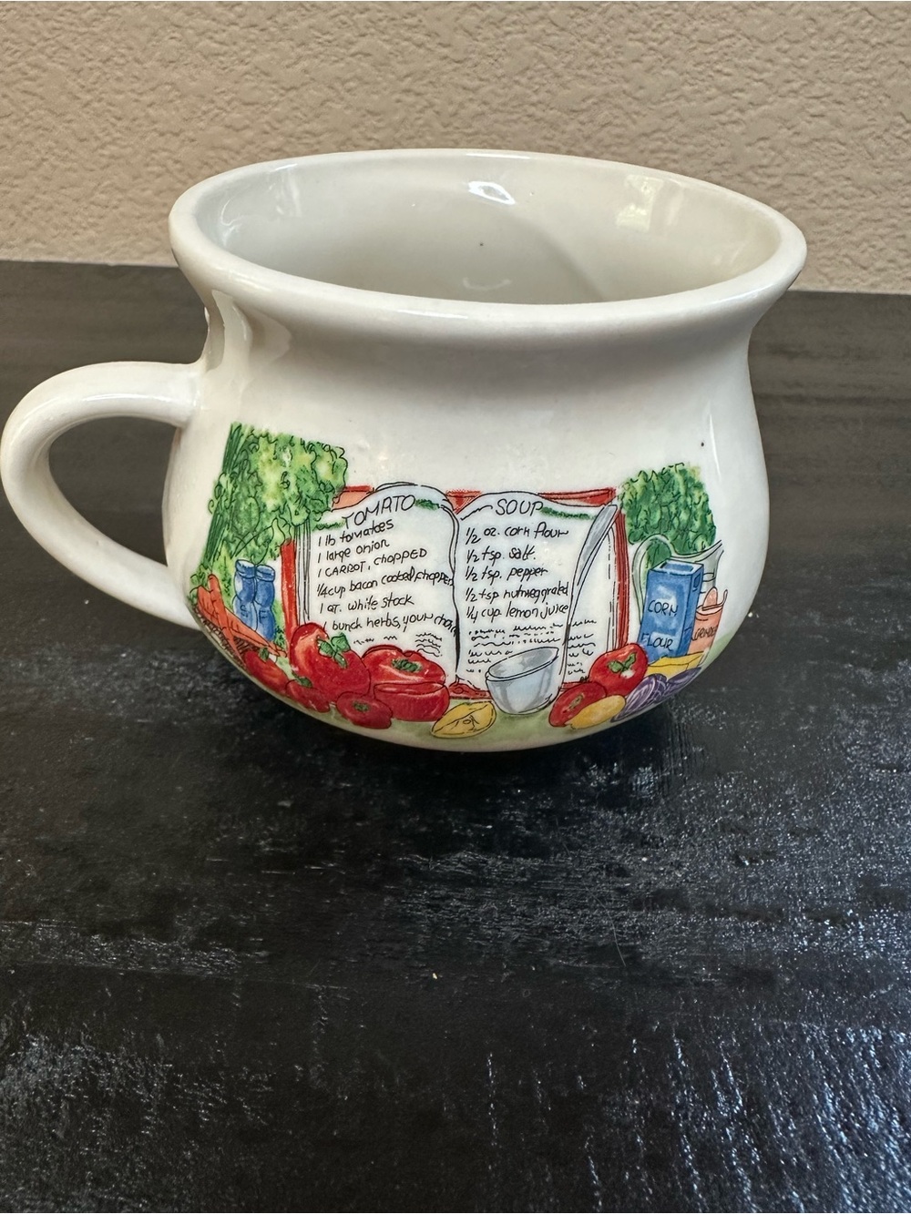 Vintage 1970s Gibson tomato soup mug with recipe.